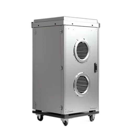 robot, 3d render, silver, metal, box, two, circular, vents transparent PNG cut-out