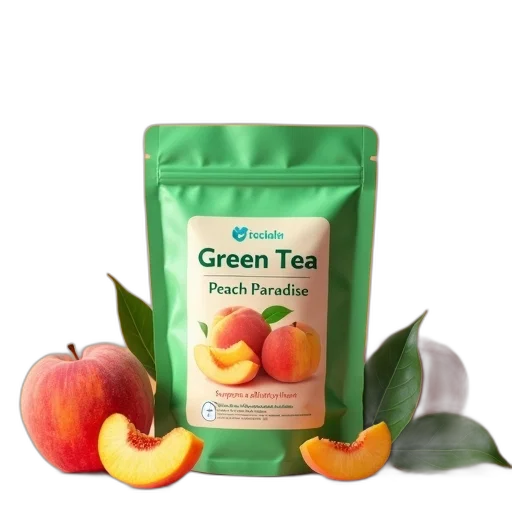 food, green, tea, bag, peach, flavor, label, shown transparent PNG cut-out