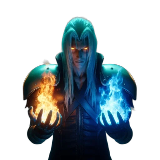 mask, staff, jacket, concept art, fantasy art, comic book art, 3d render, fire transparent PNG cut-out