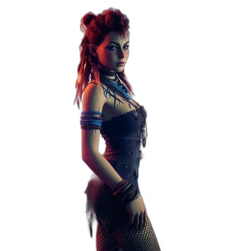 dress, concept art, fantasy art, cyberpunk, 3d render, woman, stands, alone transparent PNG cut-out