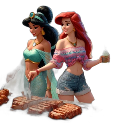 food, 3d render, concept art, fantasy art, pixel art, fire, two, females transparent PNG cut-out