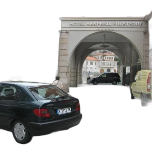 car, 3d render, photorealistic, city street, parked, front, hotel, hesperia transparent PNG cut-out