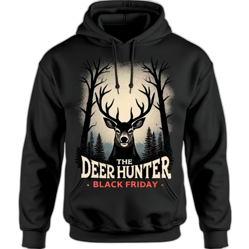 black, hoodie, detailed, graphic, design, featuring, deer, center transparent PNG cut-out