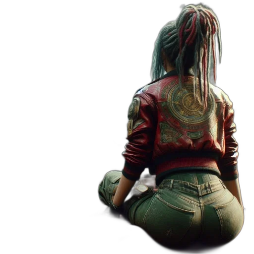 jacket, hair, concept art, cyberpunk, photorealistic, 3d render, red, inside transparent PNG cut-out