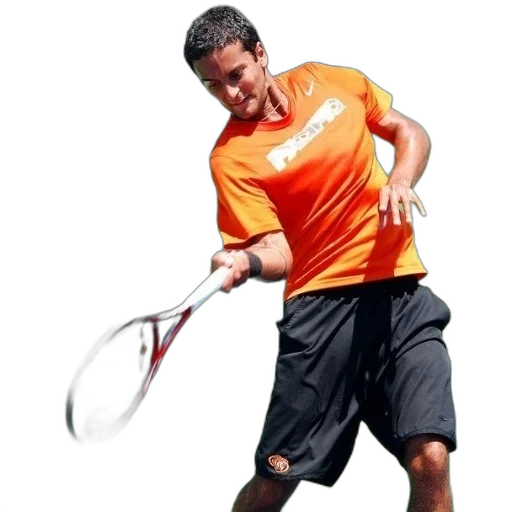staff, photorealistic, man, orange, shirt, playing, tennis, green transparent PNG cut-out