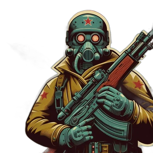 robot, mask, comic book art, concept art, cyberpunk, soldier, gas, rifle transparent PNG cut-out