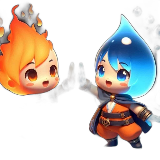 concept art, fantasy art, 3d render, pixel art, fire, underwater, blue, two transparent PNG cut-out