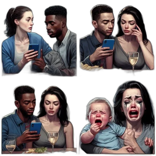 face, concept art, comic book art, cyberpunk, four, panels, depict, couples transparent PNG cut-out