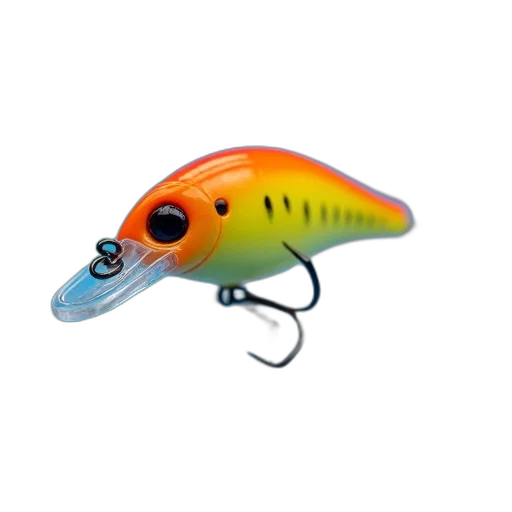 3d render, yellow, orange, fishing, lure, black, eye, hook transparent PNG cut-out