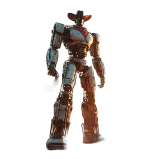 robot, weapon, 3d render, concept art, large, metallic, cowboy-themed, stands transparent PNG cut-out