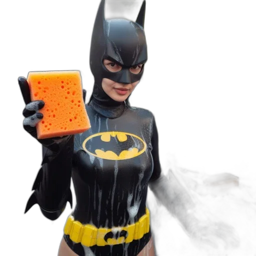 concept art, comic book art, woman, dressed, batgirl, holding, sponge, stands transparent PNG cut-out