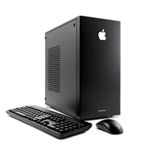 3d render, sleek, black, computer, tower, silver, logo, front transparent PNG cut-out