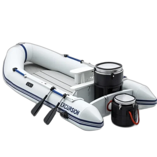 white, inflatable, boat, blue, stripe, word, excursion, written transparent PNG cut-out