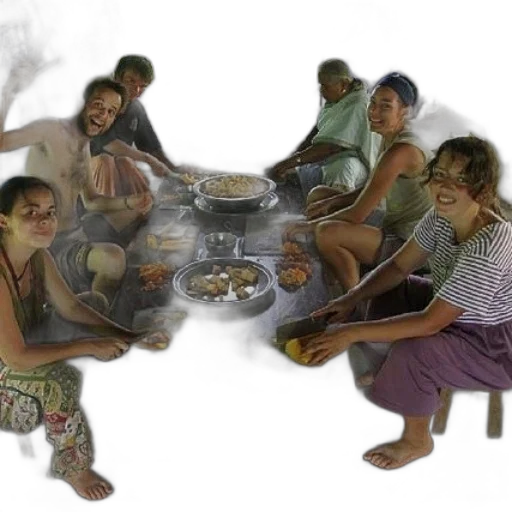 concept art, fire, fog, group, people, sitting, around, table transparent PNG cut-out
