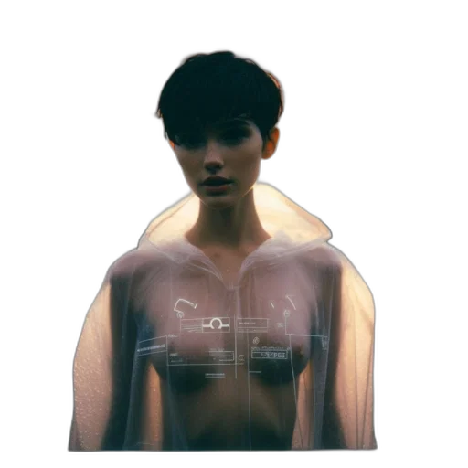 robot, face, jacket, dress, cyberpunk, 3d render, concept art, vaporwave transparent PNG cut-out
