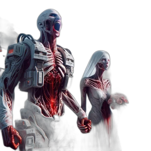 robot, concept art, cyberpunk, comic book art, 3d render, fog, outer space, two transparent PNG cut-out