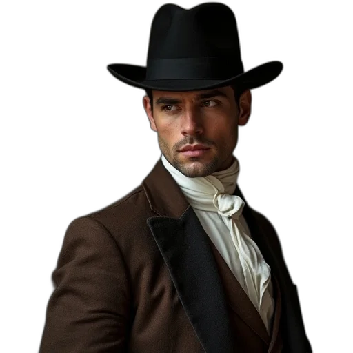 hat, jacket, staff, photorealistic transparent PNG cut-out