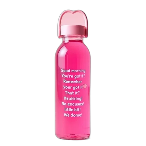 bottle, pink, water, heart-shaped, cap, label, side, has transparent PNG cut-out