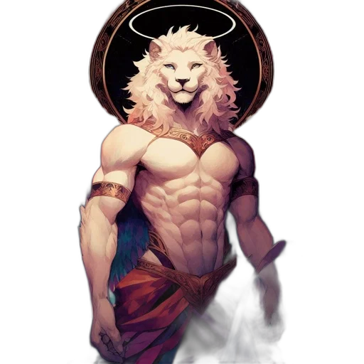 fantasy art, concept art, comic book art, pixel art, anthropomorphic, lion, figure, donning transparent PNG cut-out