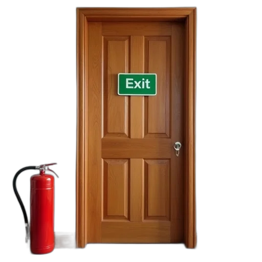 staff, fire, wooden, door, green, exit, sign, closed transparent PNG cut-out