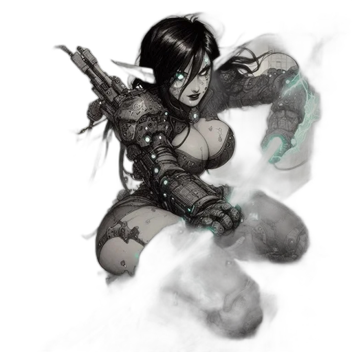 weapon, robot, staff, fantasy art, concept art, comic book art, cyberpunk, dark transparent PNG cut-out