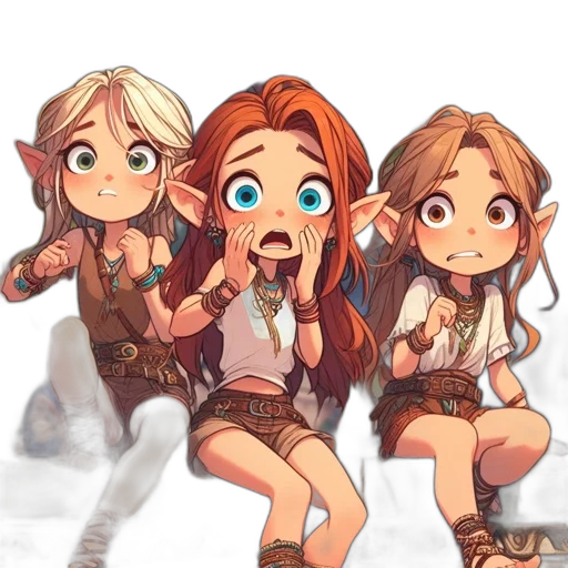 fantasy art, concept art, pixel art, anime, pastel, three, animated, females transparent PNG cut-out