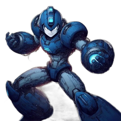 robot, weapon, concept art, comic book art, 3d render, pixel art, blue, post-apocalyptic transparent PNG cut-out