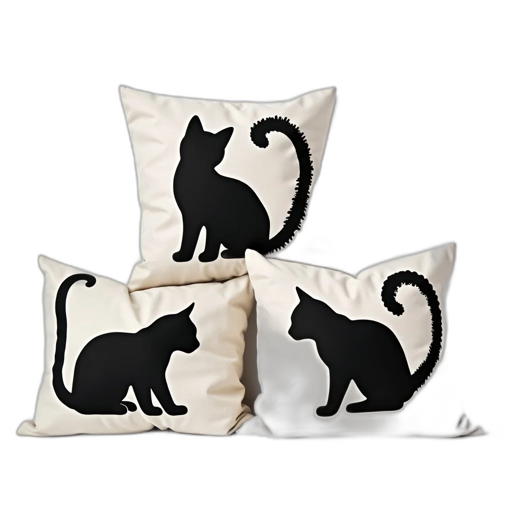 photorealistic, monochrome, collection, three, black, white, cat-themed, pillows transparent PNG cut-out