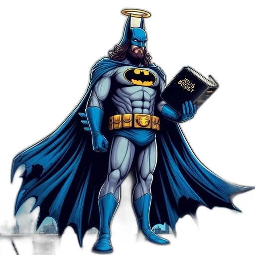 comic book art, concept art, cartoon, fantasy art, batman-jesus, fusion, superhero, stands transparent PNG cut-out