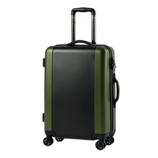 black, green, wheeled, suitcase, shiny, metal, handle, standing transparent PNG cut-out