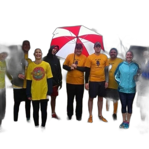 umbrella, staff, group, people, wearing, yellow, shirts, stand transparent PNG cut-out