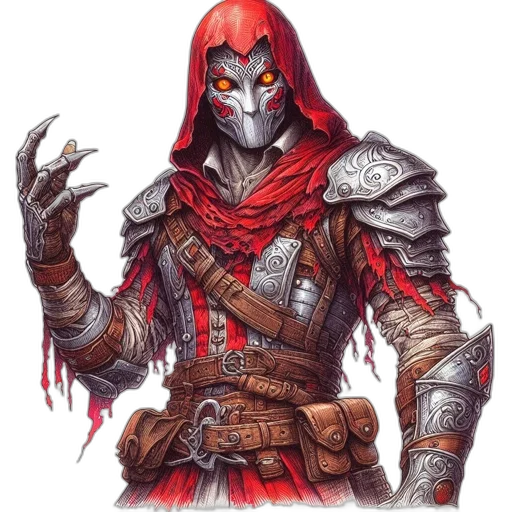 mask, fantasy art, concept art, comic book art, pixel art, red, hooded, figure transparent PNG cut-out