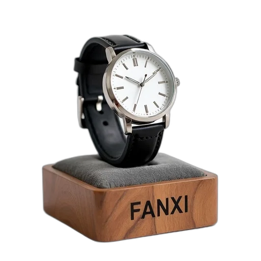 furniture, 3d render, silver, wristwatch, black, strap, placed, wooden transparent PNG cut-out
