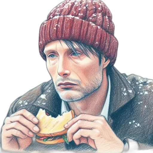 food, face, hat, jacket, photorealistic, watercolor, concept art, oil painting transparent PNG cut-out