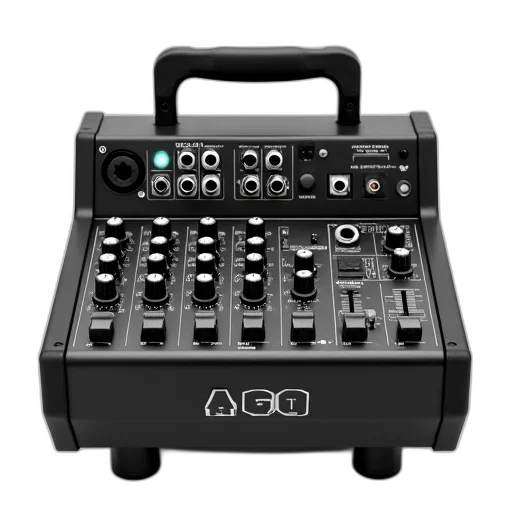 black, portable, audio, mixer, silver, logo, front, featuring transparent PNG cut-out