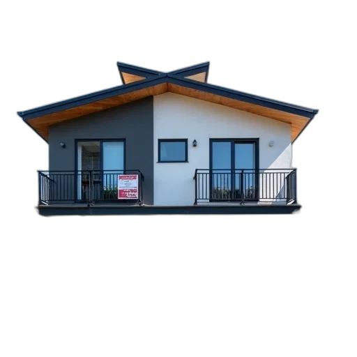 building, furniture, staff, umbrella, 3d render, photorealistic, modern, two-story transparent PNG cut-out
