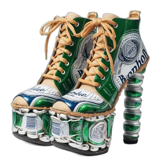shoes, high-heeled, platform, sole, constructed, layered, beer, cans transparent PNG cut-out