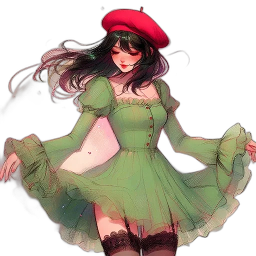 dress, hat, pixel art, watercolor, concept art, fantasy art, green, red transparent PNG cut-out