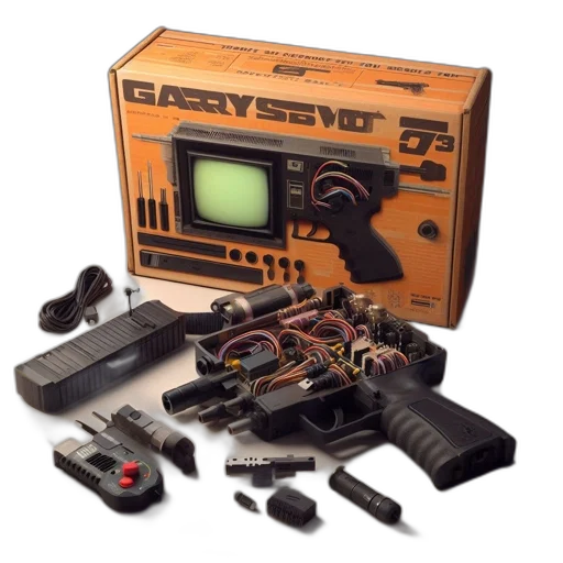 weapon, cyberpunk, box, labeled, garysdvd-79, holds, electronic, device transparent PNG cut-out