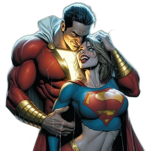 comic book art, concept art, two, superheroes, shazam, supergirl, stand, close transparent PNG cut-out