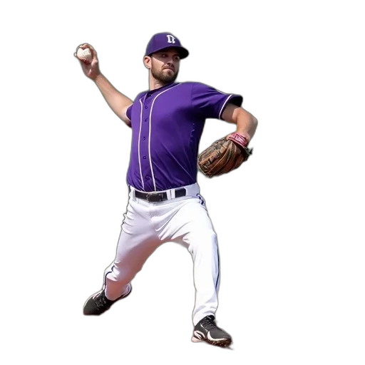 baseball, player, purple, uniform, process, throwing, ball, field transparent PNG cut-out
