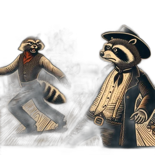 concept art, 3d render, comic book art, fantasy art, anthropomorphic, raccoons, face, off transparent PNG cut-out