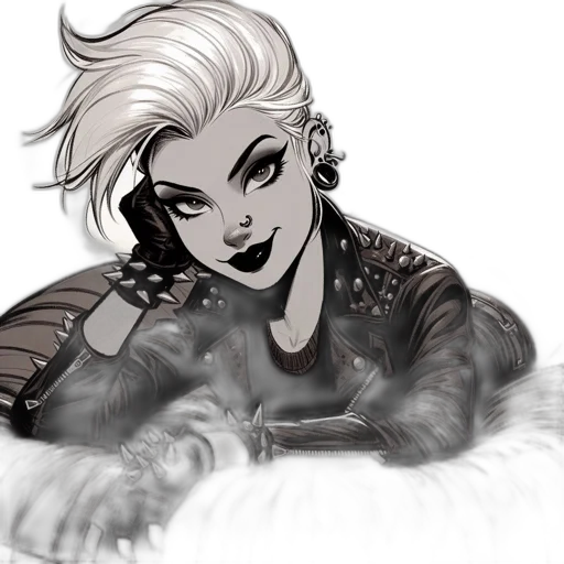 concept art, comic book art, fantasy art, cartoon, monochrome, dark, woman, short transparent PNG cut-out