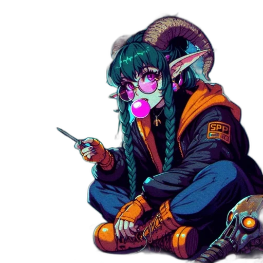 jacket, staff, creature, dragon, cyberpunk, pixel art, concept art, fantasy art transparent PNG cut-out
