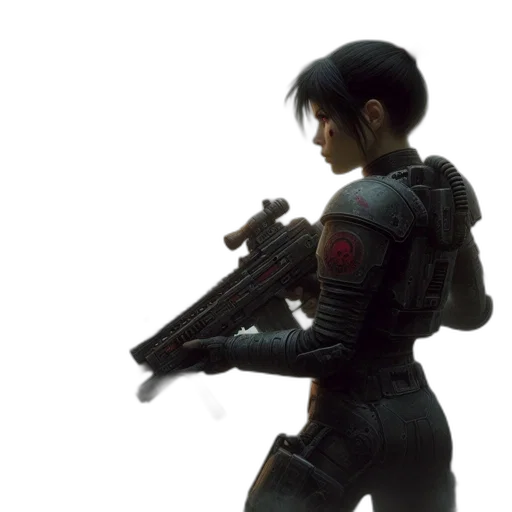 weapon, robot, concept art, 3d render, cyberpunk, foreground, female, character transparent PNG cut-out