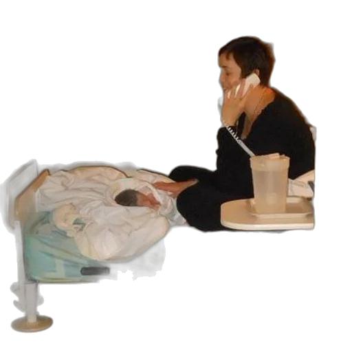 furniture, outer space, woman, sits, hospital, bed, talking, phone transparent PNG cut-out