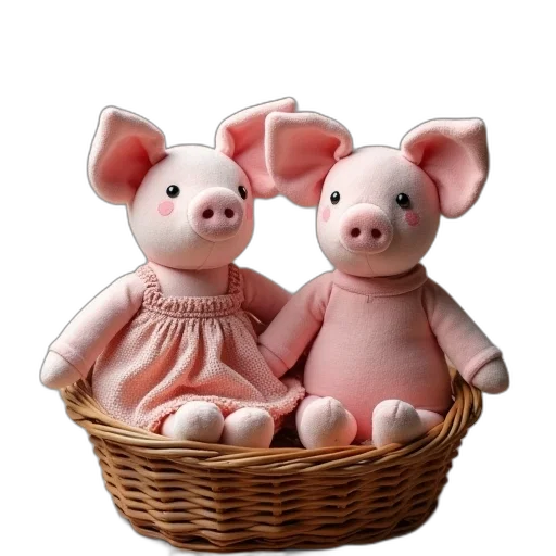 3d render, photorealistic, two, stuffed, pig, dolls, one, wearing transparent PNG cut-out