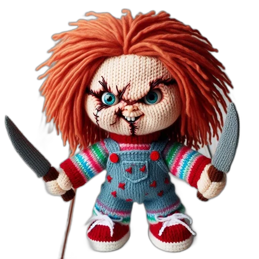 concept art, handcrafted, toy, menacing, expression, knitted, accessories, holds transparent PNG cut-out