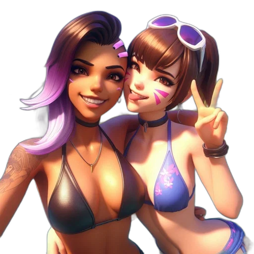 3d render, anime, vaporwave, concept art, two, female, characters, one transparent PNG cut-out