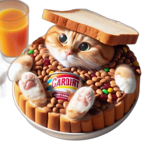 food, animal, 3d render, cat, sits, bread, bowl, surrounded transparent PNG cut-out